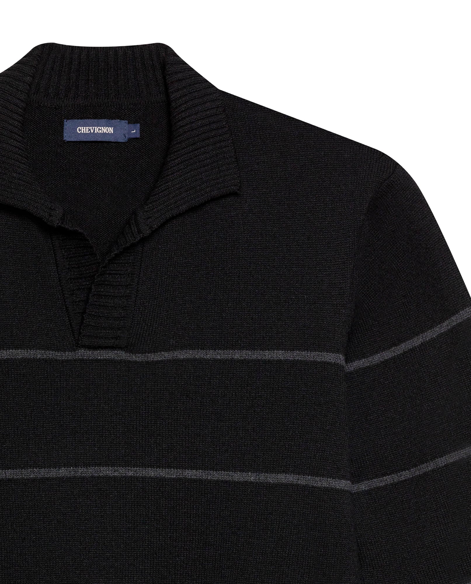 Mens Sweater Knit Polo Collar Cotton Acrylic Recycled Cotton Tone on Tone Horizontal Stripes Heathered Light Gauge - Black 63_691H003_NEG194007_8