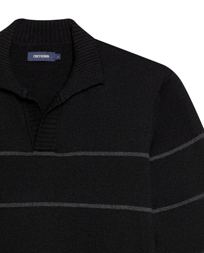 Mens Sweater Knit Polo Collar Cotton Acrylic Recycled Cotton Tone on Tone Horizontal Stripes Heathered Light Gauge - Black 63_691H003_NEG194007_8