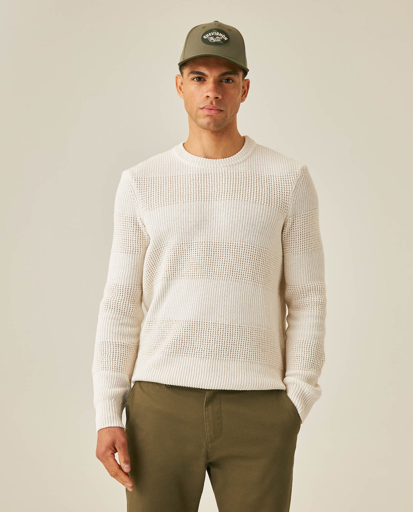 Mens Sweater Knit Crewneck Cotton Acrylic Recycled Cotton Contrast Color Blocks Mixed Textures Medium Gauge - Raw 63_691H004_CRU110103_0