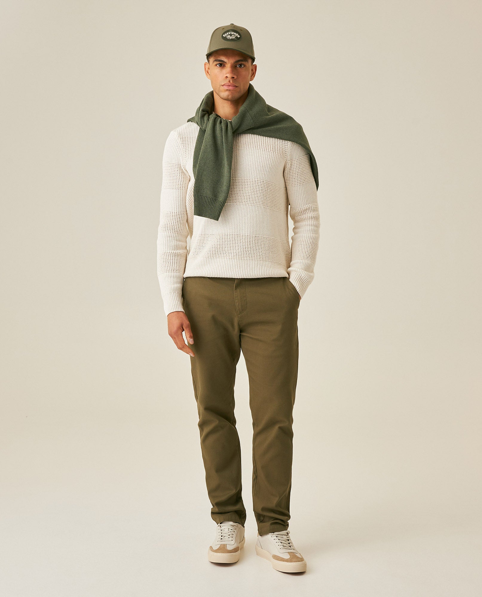 Mens Sweater Knit Crewneck Cotton Acrylic Recycled Cotton Contrast Color Blocks Mixed Textures Medium Gauge - Raw 63_691H004_CRU110103_4