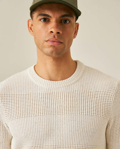 Mens Sweater Knit Crewneck Cotton Acrylic Recycled Cotton Contrast Color Blocks Mixed Textures Medium Gauge - Raw 63_691H004_CRU110103_5