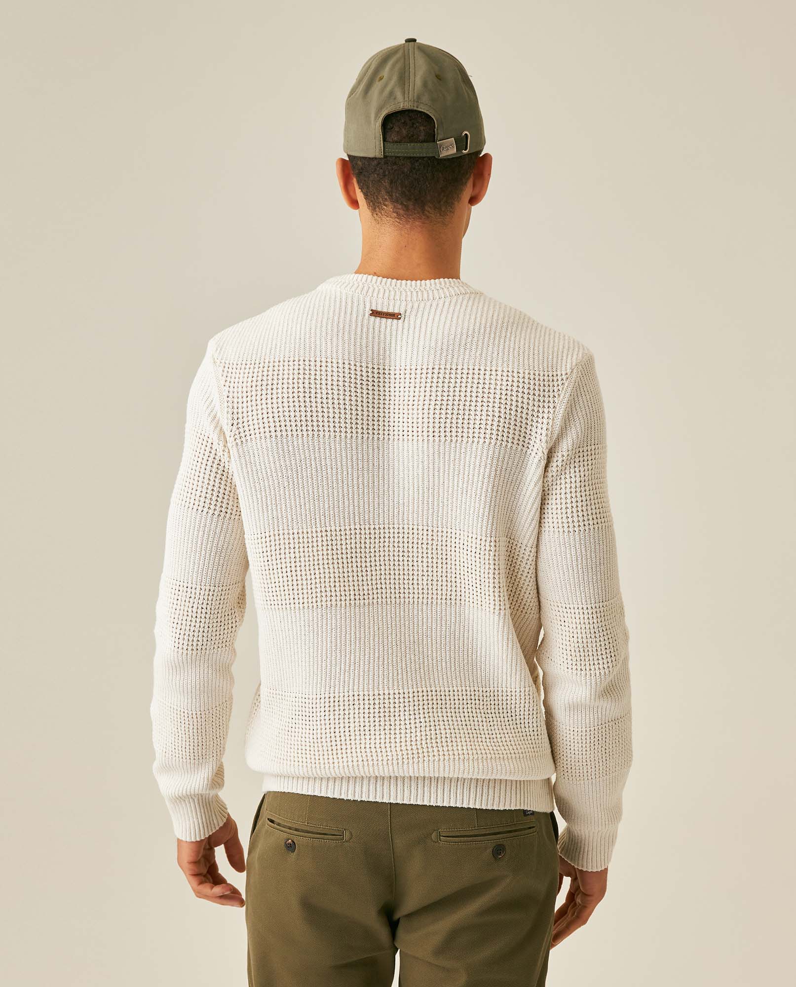 Mens Sweater Knit Crewneck Cotton Acrylic Recycled Cotton Contrast Color Blocks Mixed Textures Medium Gauge - Raw 63_691H004_CRU110103_6