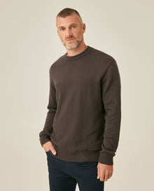Mens Sweater Knit Crewneck Cotton Pure Subtle Texture Contrasts Jersey Top Links Bottom Horizontal Channels Leather Label - Brown 63_691H005_CAF191325_0