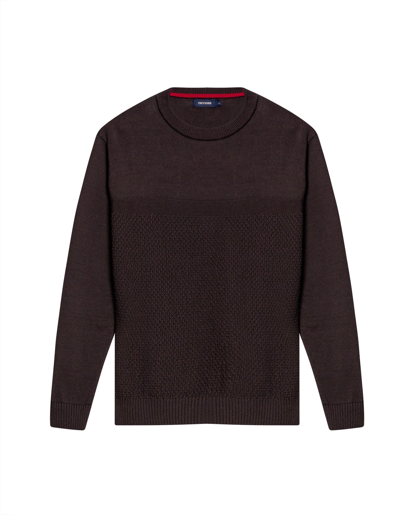 Mens Sweater Knit Crewneck Cotton Pure Subtle Texture Contrasts Jersey Top Links Bottom Horizontal Channels Leather Label - Brown 63_691H005_CAF191325_3