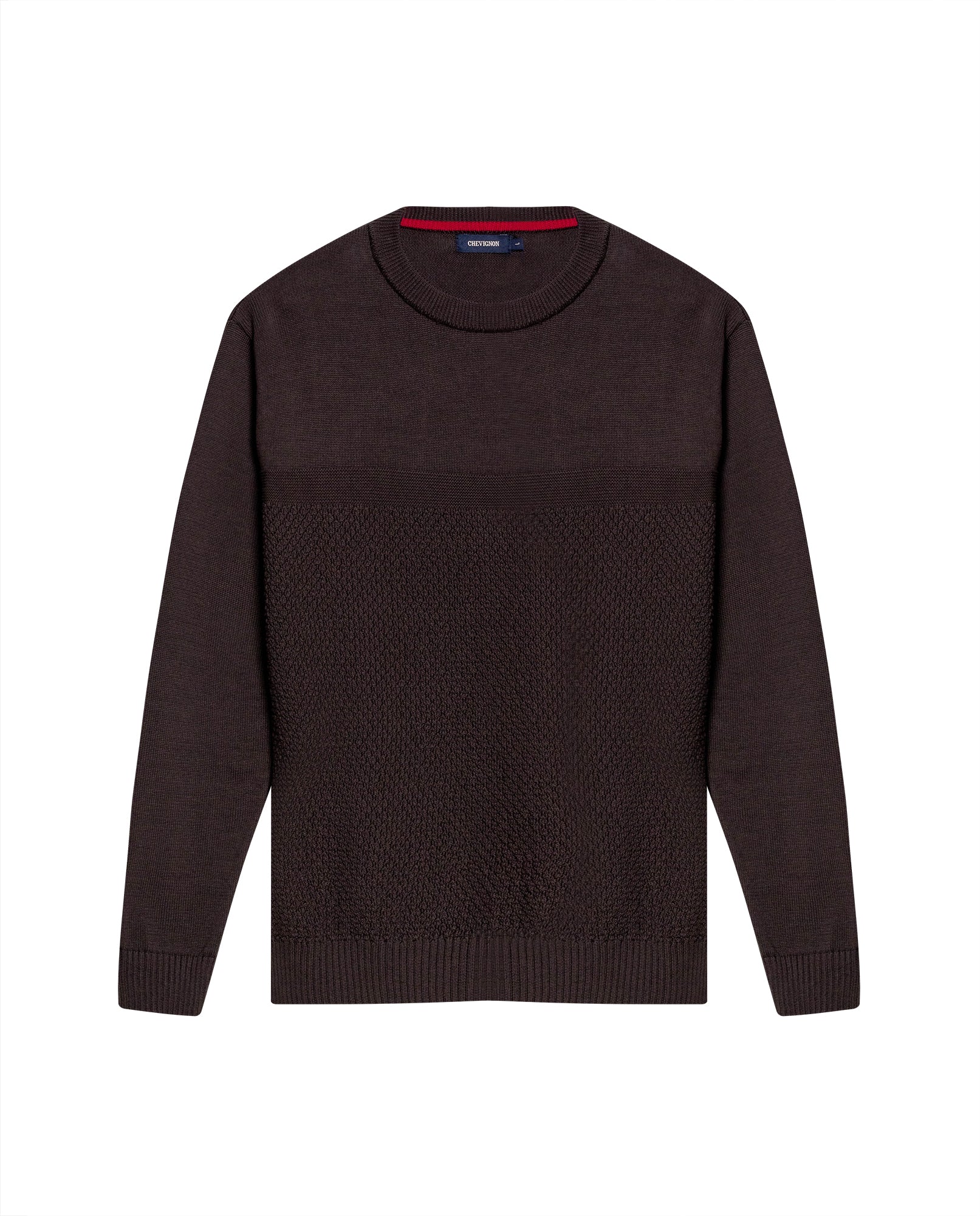 Mens Sweater Knit Crewneck Cotton Pure Subtle Texture Contrasts Jersey Top Links Bottom Horizontal Channels Leather Label - Brown 63_691H005_CAF191325_3