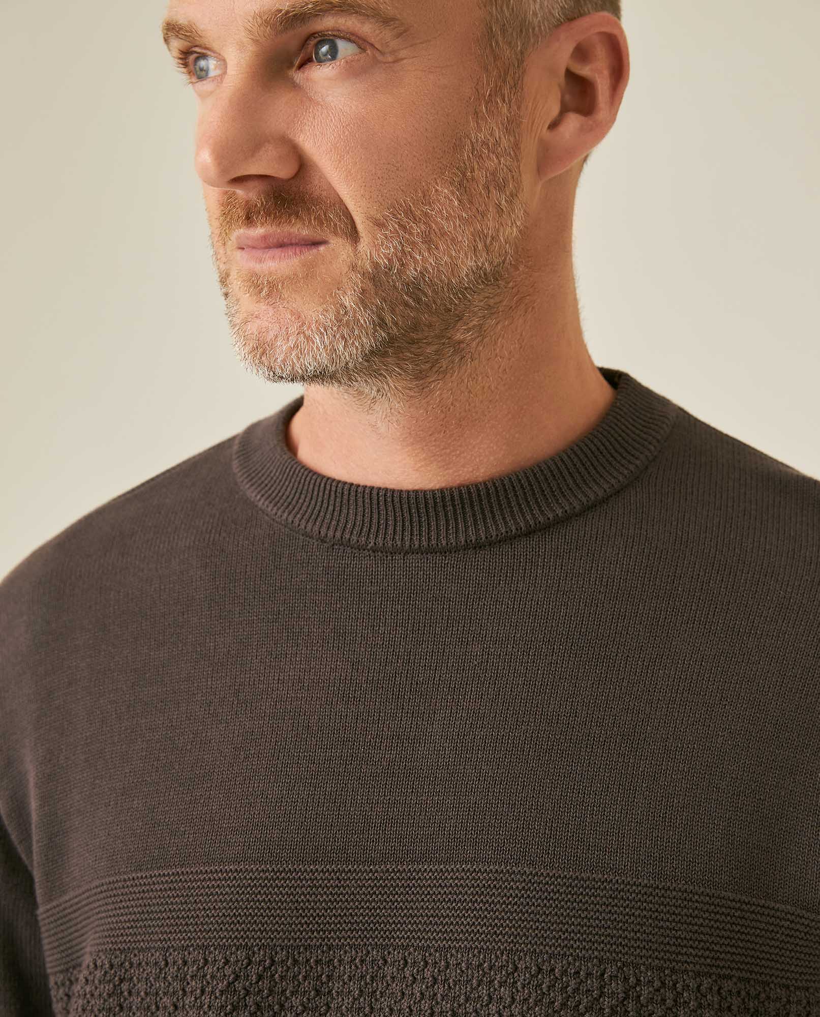 Mens Sweater Knit Crewneck Cotton Pure Subtle Texture Contrasts Jersey Top Links Bottom Horizontal Channels Leather Label - Brown 63_691H005_CAF191325_5