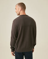 Mens Sweater Knit Crewneck Cotton Pure Subtle Texture Contrasts Jersey Top Links Bottom Horizontal Channels Leather Label - Brown 63_691H005_CAF191325_6
