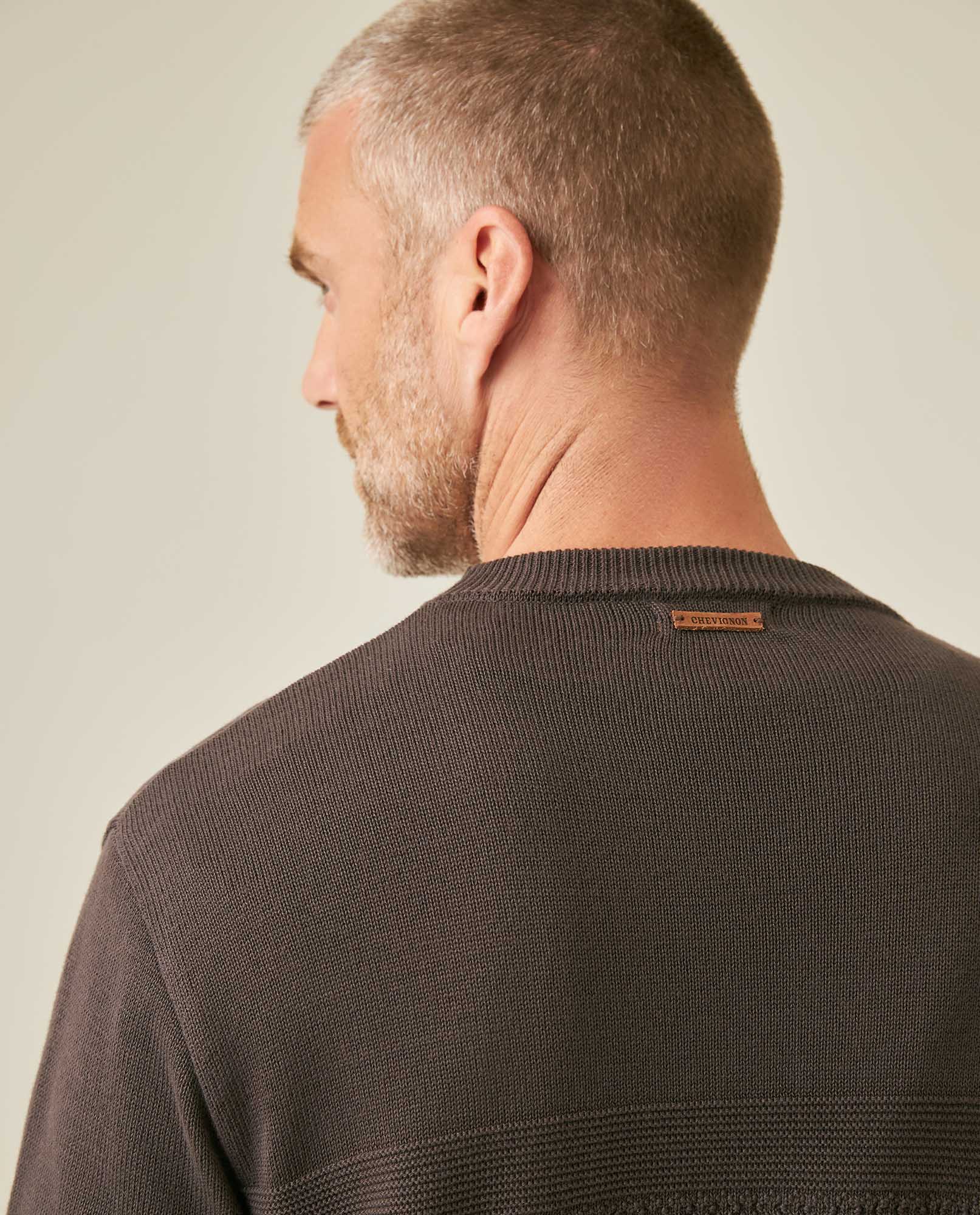 Mens Sweater Knit Crewneck Cotton Pure Subtle Texture Contrasts Jersey Top Links Bottom Horizontal Channels Leather Label - Brown 63_691H005_CAF191325_7