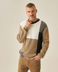 Mens Sweater Knit Crewneck Cotton Pure Ribbed Mini-Channel Irregular Contrast Color Blocks Medium Gauge - Khaki 63_691H006_CAQ150309_0