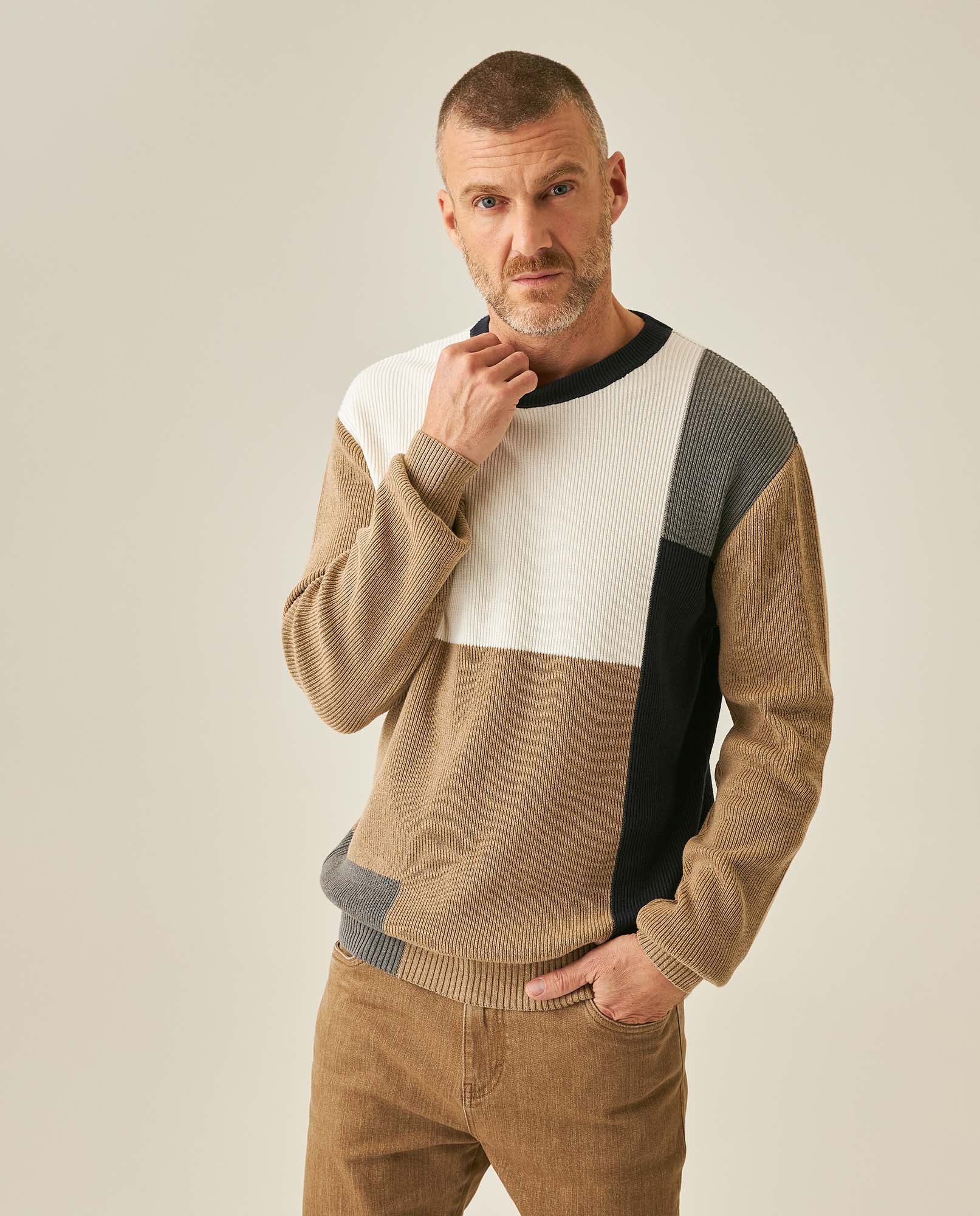 Mens Sweater Knit Crewneck Cotton Pure Ribbed Mini-Channel Irregular Contrast Color Blocks Medium Gauge - Khaki 63_691H006_CAQ150309_0