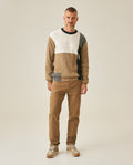 Mens Sweater Knit Crewneck Cotton Pure Ribbed Mini-Channel Irregular Contrast Color Blocks Medium Gauge - Khaki 63_691H006_CAQ150309_4
