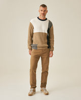 Mens Sweater Knit Crewneck Cotton Pure Ribbed Mini-Channel Irregular Contrast Color Blocks Medium Gauge - Khaki 63_691H006_CAQ150309_4