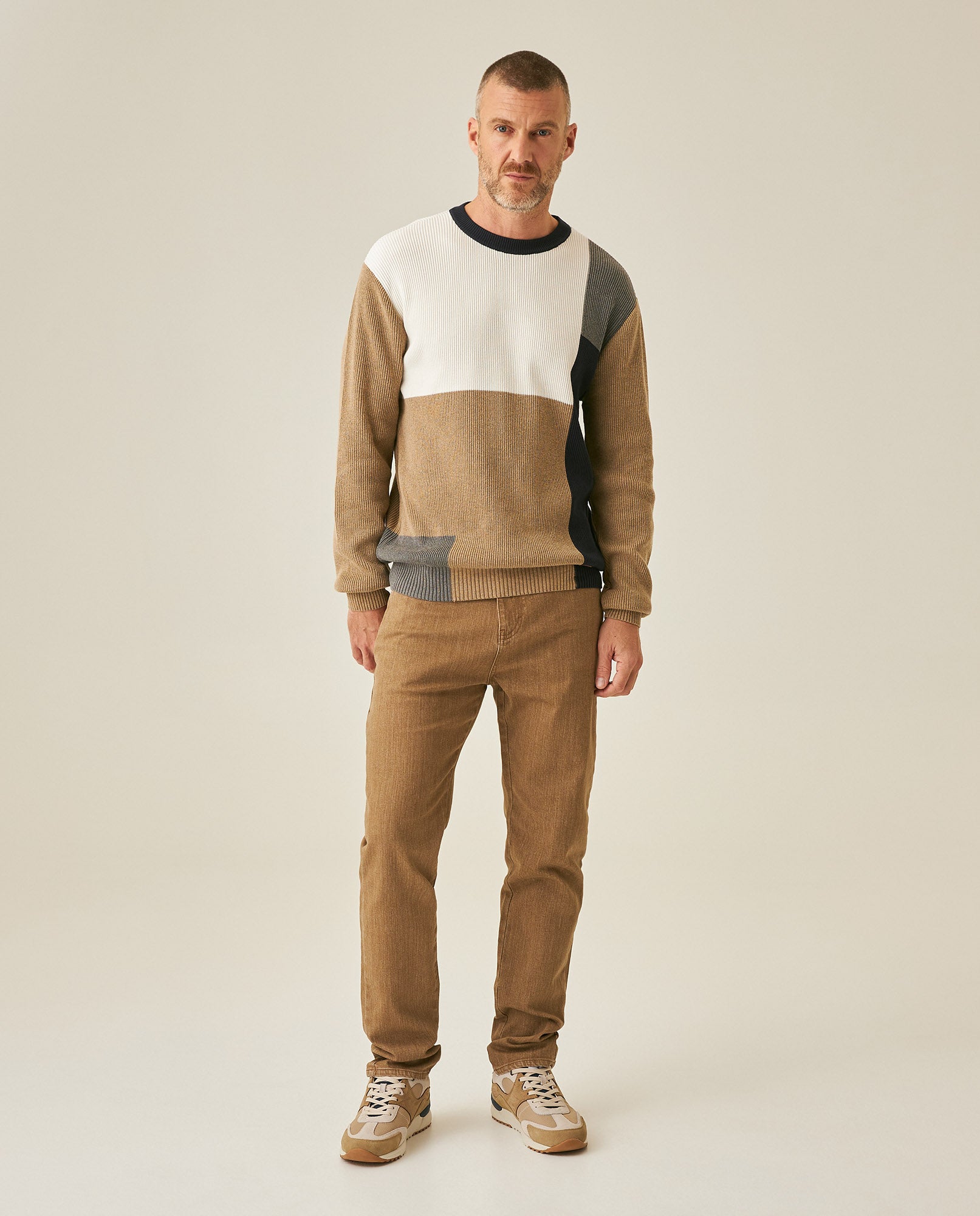 Mens Sweater Knit Crewneck Cotton Pure Ribbed Mini-Channel Irregular Contrast Color Blocks Medium Gauge - Khaki 63_691H006_CAQ150309_4