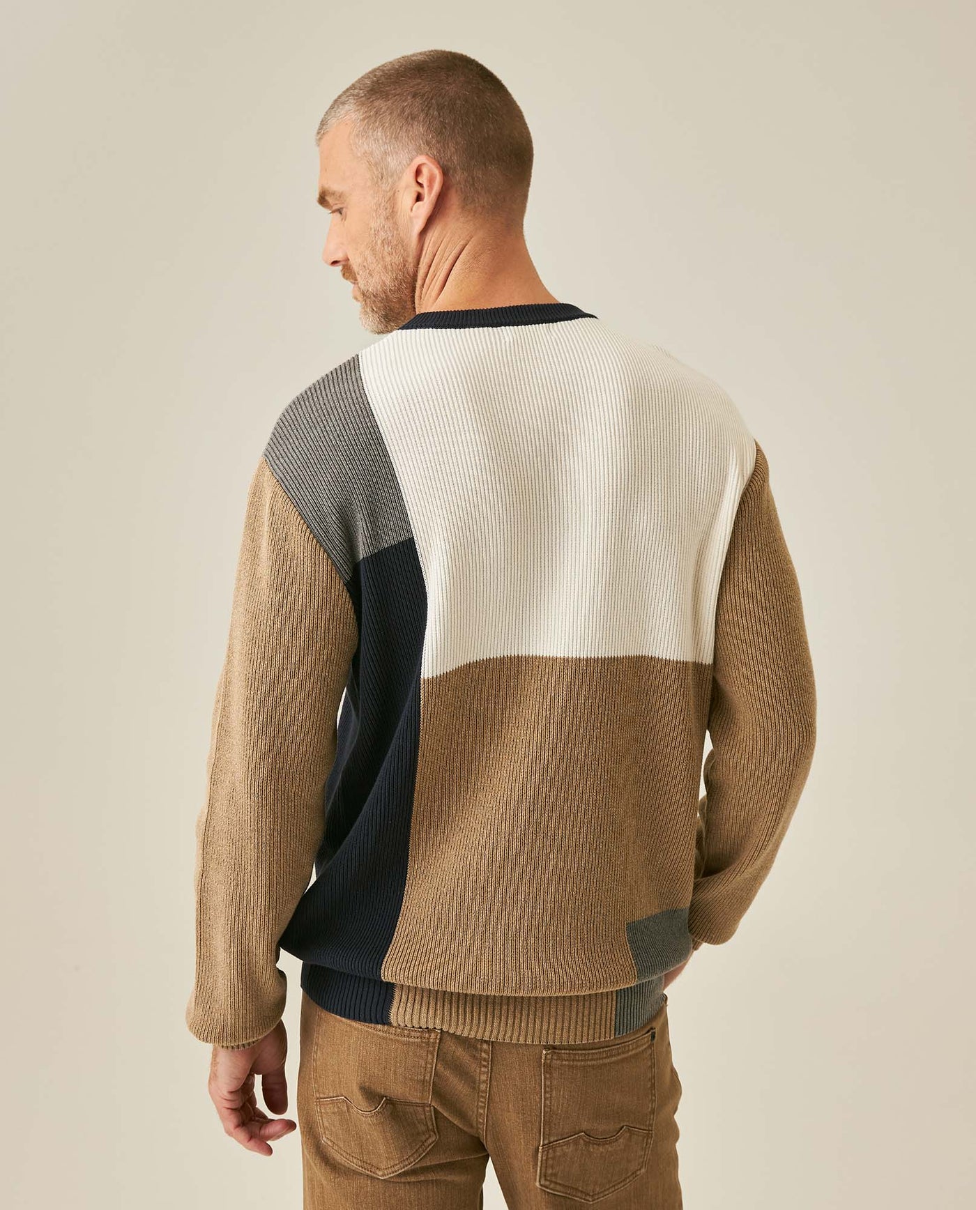 Mens Sweater Knit Crewneck Cotton Pure Ribbed Mini-Channel Irregular Contrast Color Blocks Medium Gauge - Khaki 63_691H006_CAQ150309_6