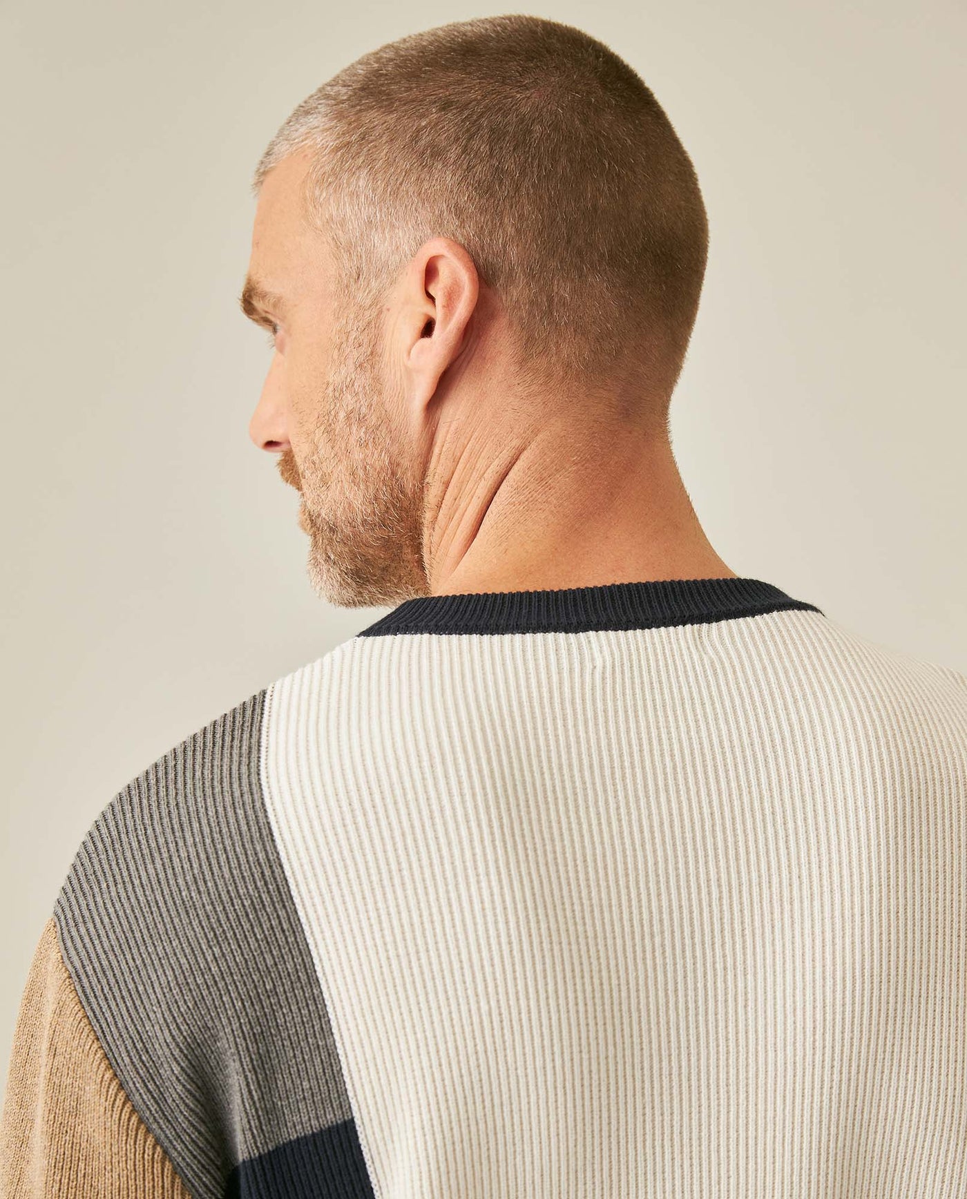 Mens Sweater Knit Crewneck Cotton Pure Ribbed Mini-Channel Irregular Contrast Color Blocks Medium Gauge - Khaki 63_691H006_CAQ150309_7