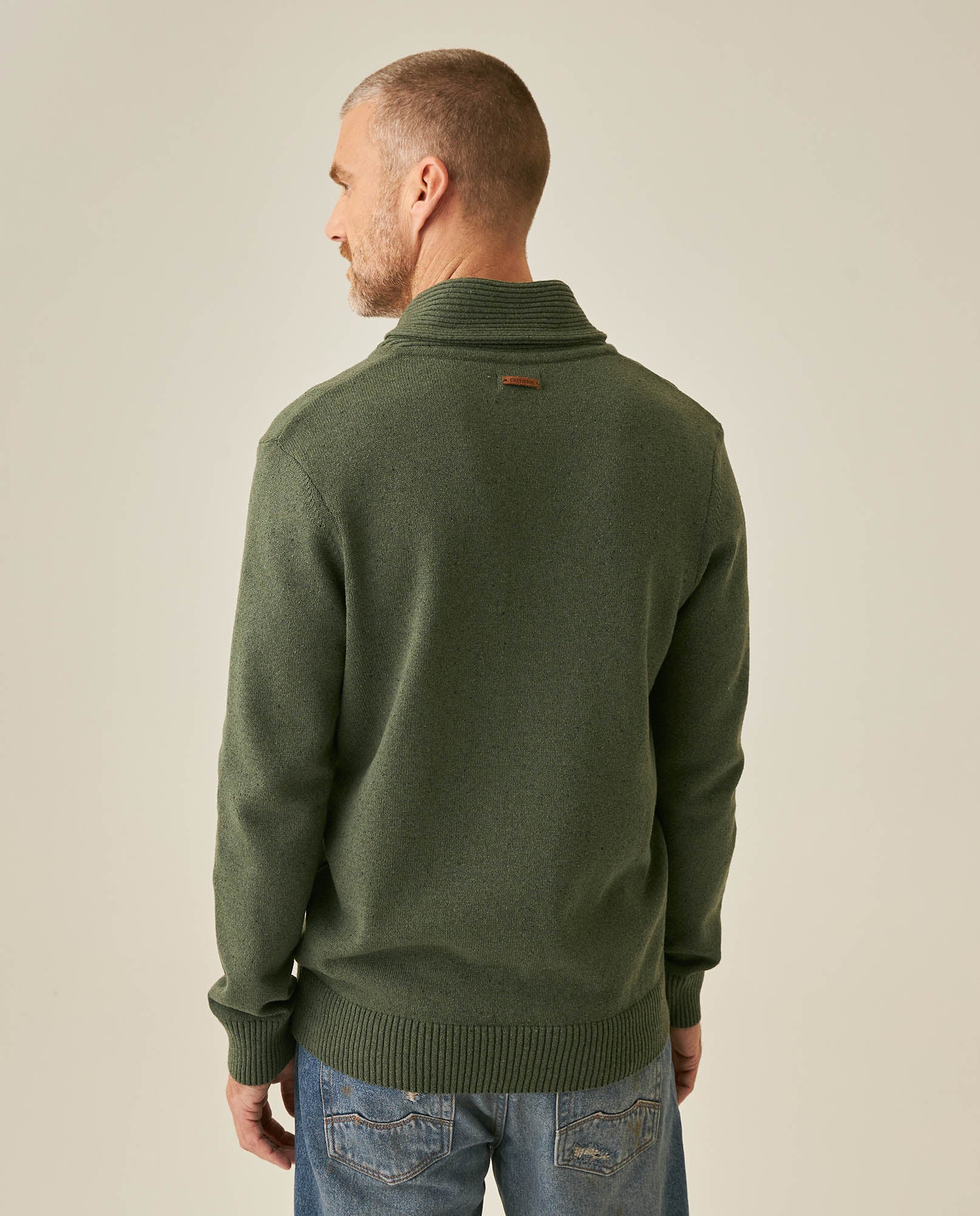 Mens Sweater Knit Shawl Collar Crossover Cotton Acrylic Recycled Cotton Textured Ribbed Heathered Light Gauge - Green 63_691H007_VER190622_6