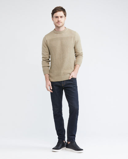 Men's Knitted Sweater, Closed Round Neck - Central Block Ribbed Knit - Khaki - 1