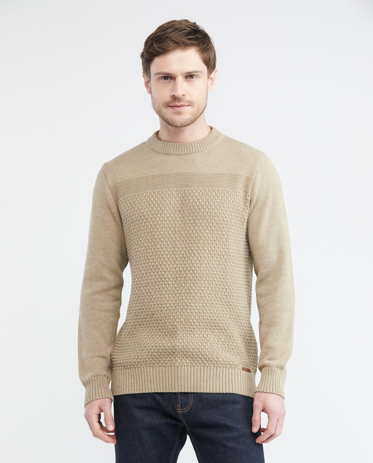 Men's Knitted Sweater, Closed Round Neck - Central Block Ribbed Knit - Khaki - 2
