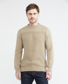 Men's Knitted Sweater, Closed Round Neck - Central Block Ribbed Knit - Khaki - 2