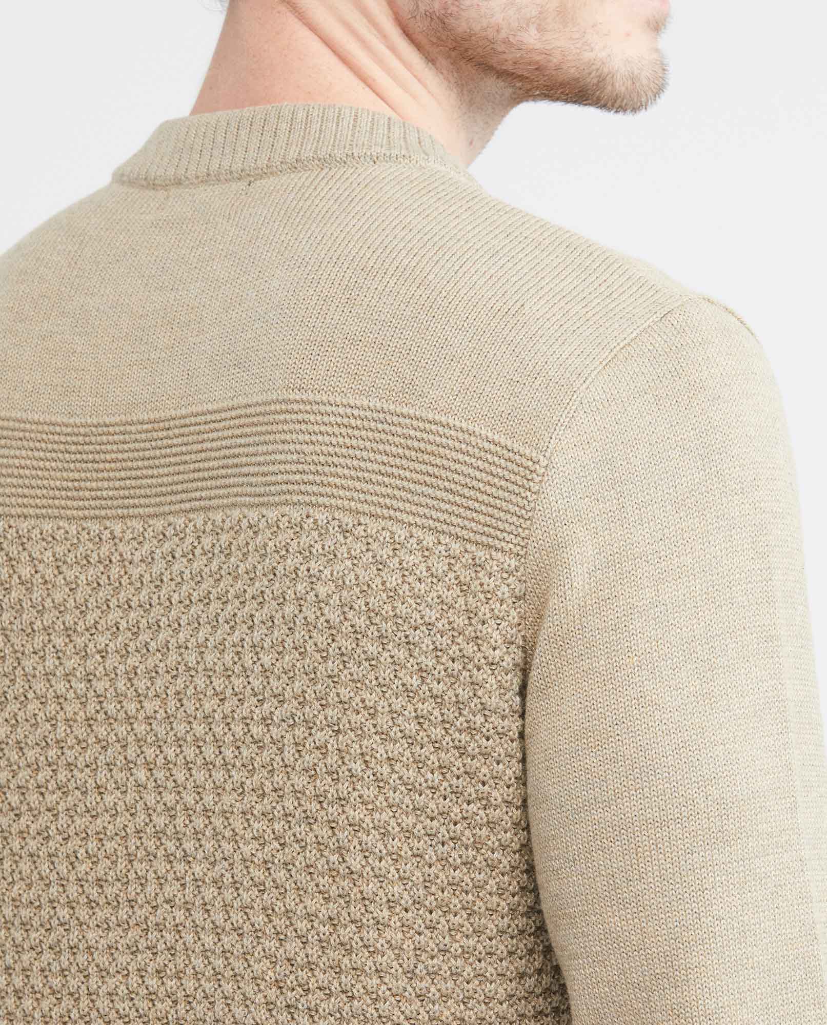 Men's Knitted Sweater, Closed Round Neck - Central Block Ribbed Knit - Khaki - 5