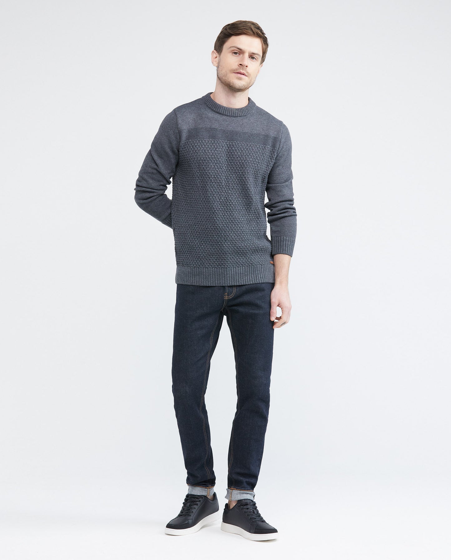 Men's Knitted Sweater, Closed Round Neck - Central Block Ribbed Knit - Black - 1