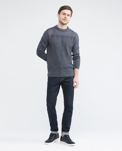Men's Knitted Sweater, Closed Round Neck - Central Block Ribbed Knit - Black - 1