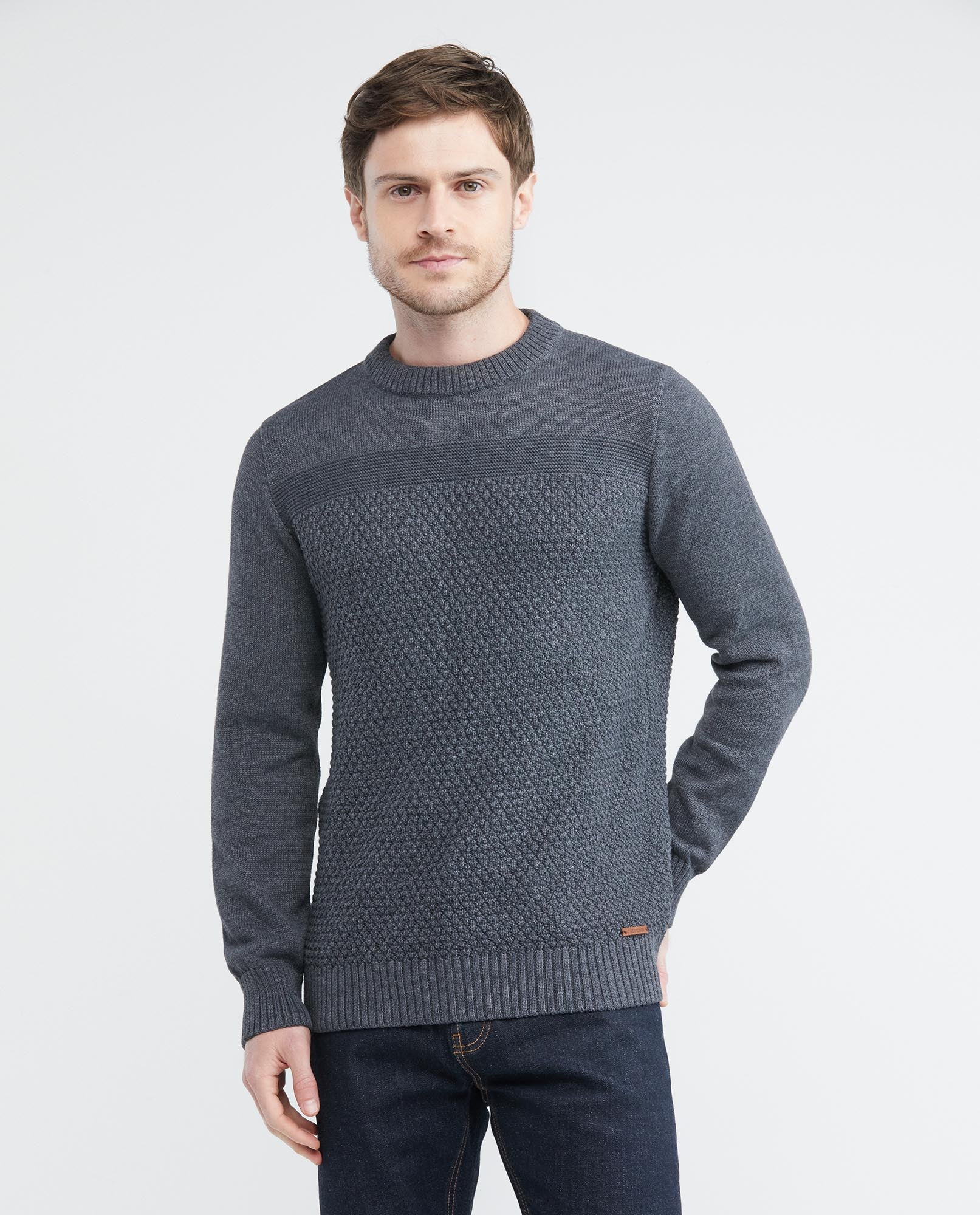 Men's Knitted Sweater, Closed Round Neck - Central Block Ribbed Knit - Black - 2