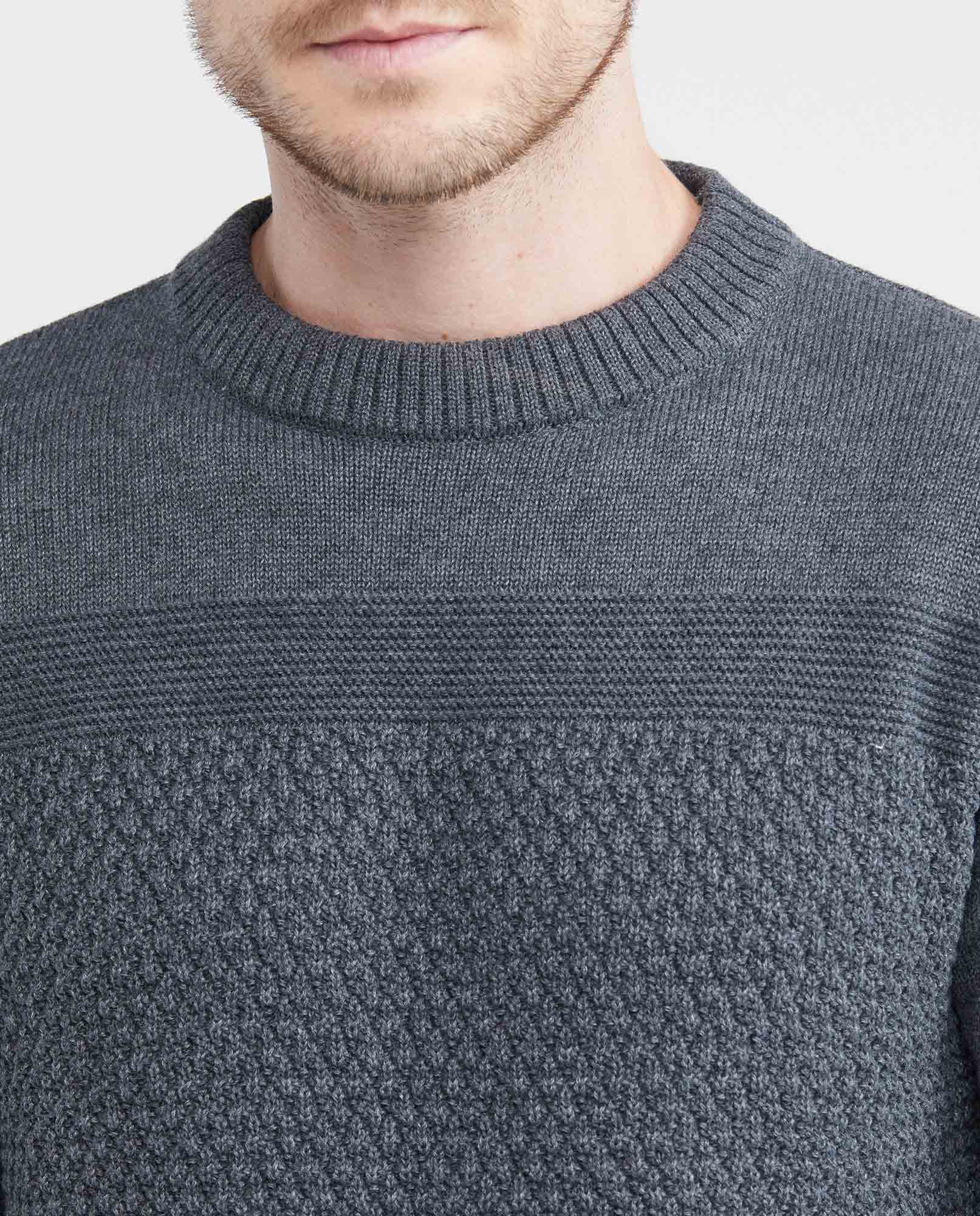 Men's Knitted Sweater, Closed Round Neck - Central Block Ribbed Knit - Black - 3