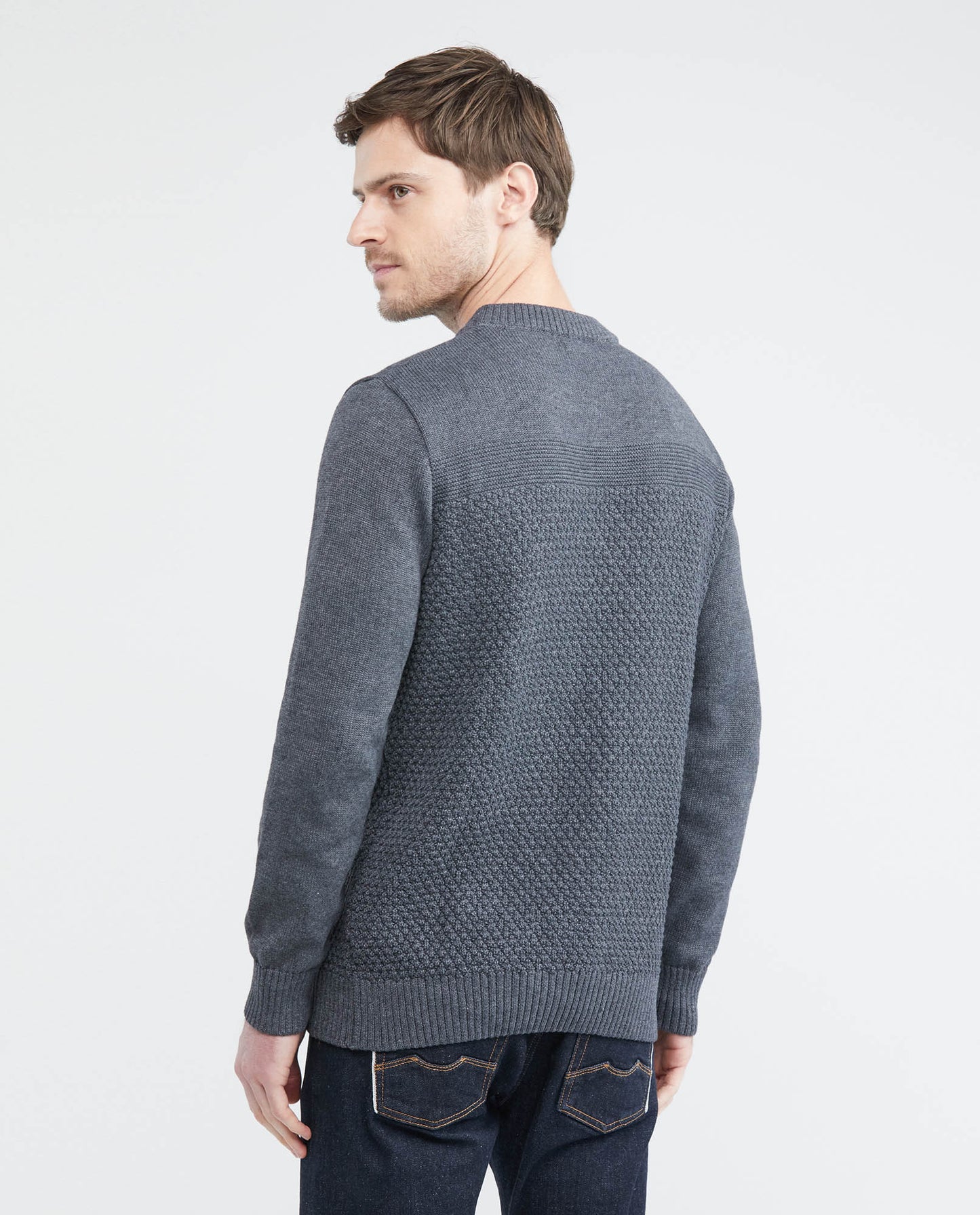 Men's Knitted Sweater, Closed Round Neck - Central Block Ribbed Knit - Black - 4