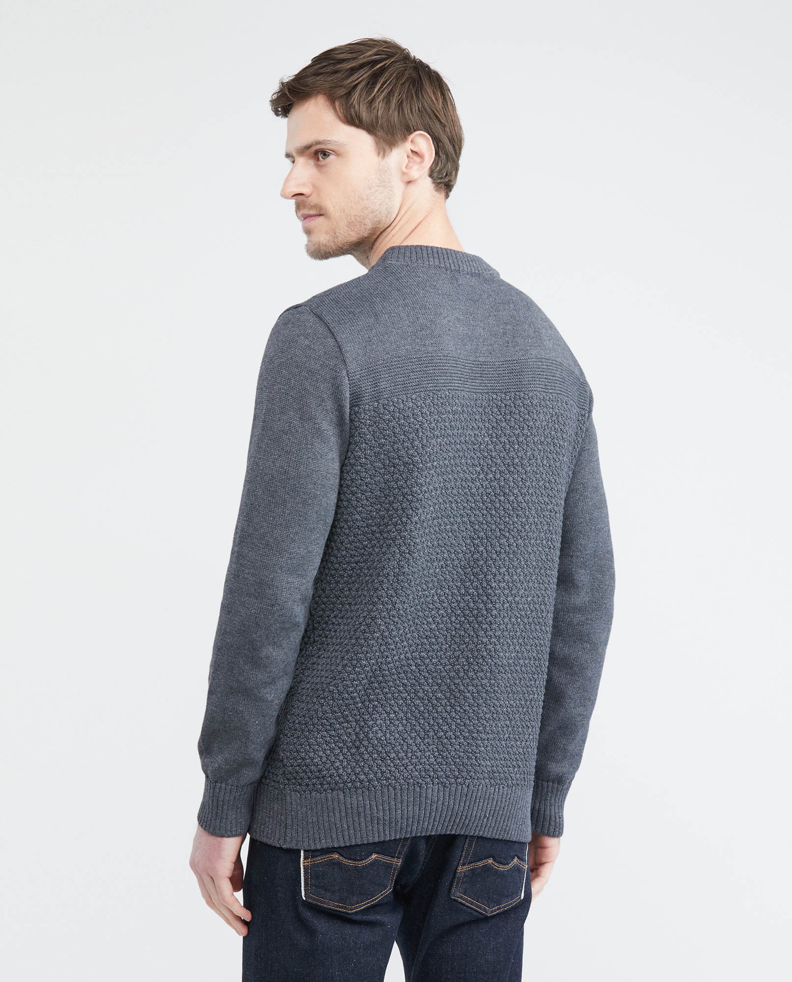 Men's Knitted Sweater, Closed Round Neck - Central Block Ribbed Knit - Black - 4