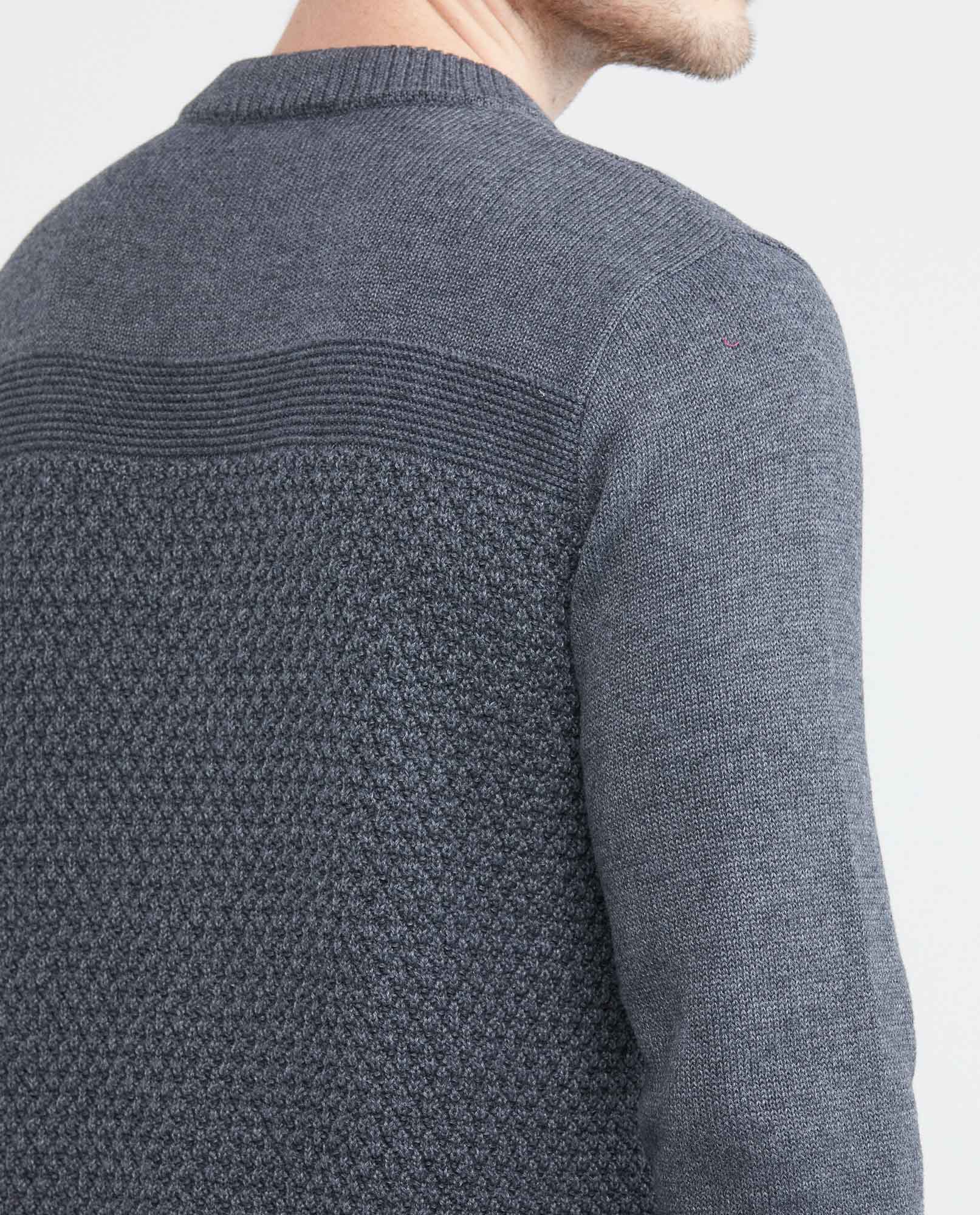Men's Knitted Sweater, Closed Round Neck - Central Block Ribbed Knit - Black - 5