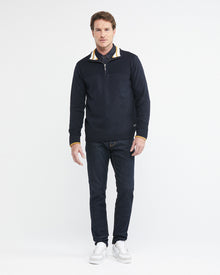 KNIT ZIP MOCKNECK SWEATER IN NAVY AND YELLOW
