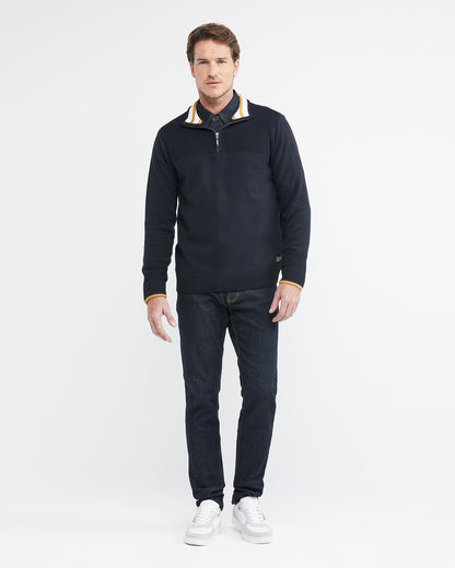 KNIT ZIP MOCKNECK SWEATER IN NAVY AND YELLOW