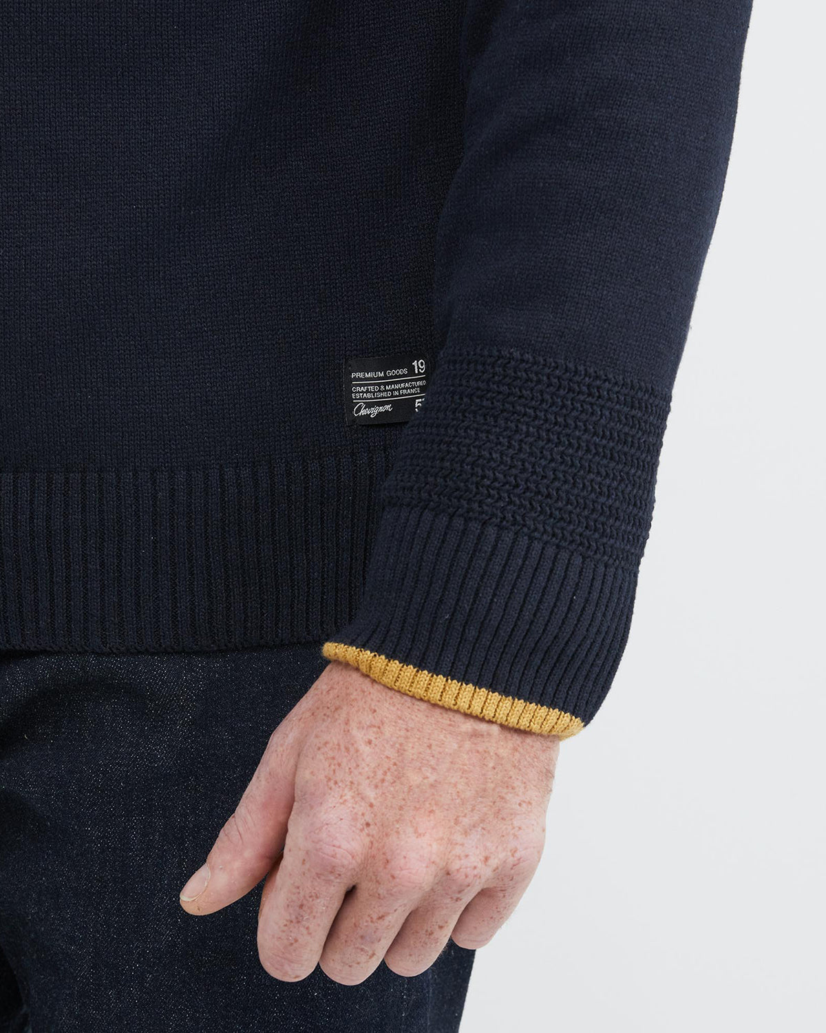 KNIT ZIP MOCKNECK SWEATER IN NAVY AND YELLOW