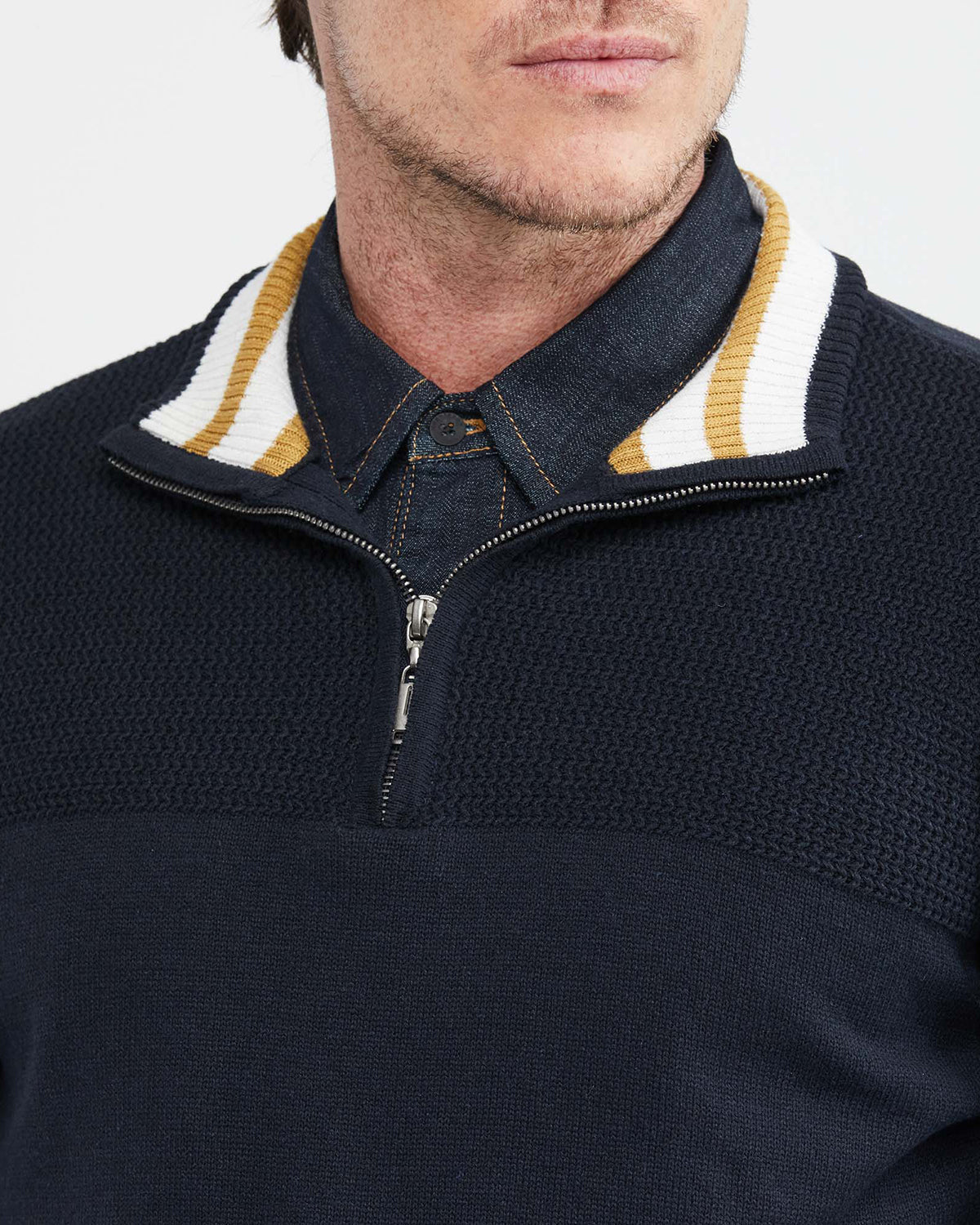 KNIT ZIP MOCKNECK SWEATER IN NAVY AND YELLOW