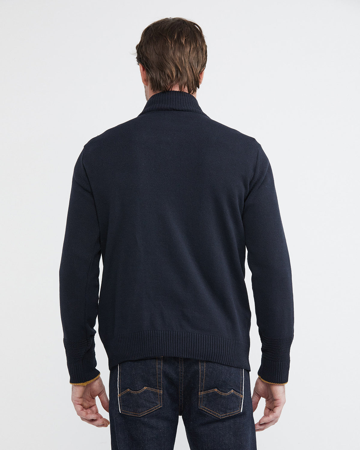KNIT ZIP MOCKNECK SWEATER IN NAVY AND YELLOW