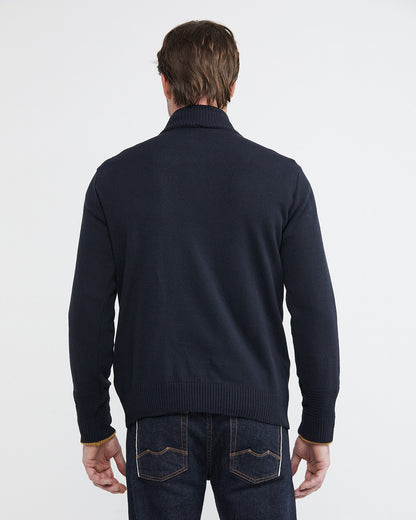 KNIT ZIP MOCKNECK SWEATER IN NAVY AND YELLOW