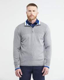 KNIT ZIP MOCKNECK SWEATER IN GRAY AND BLUE
