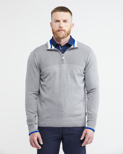 KNIT ZIP MOCKNECK SWEATER IN GRAY AND BLUE