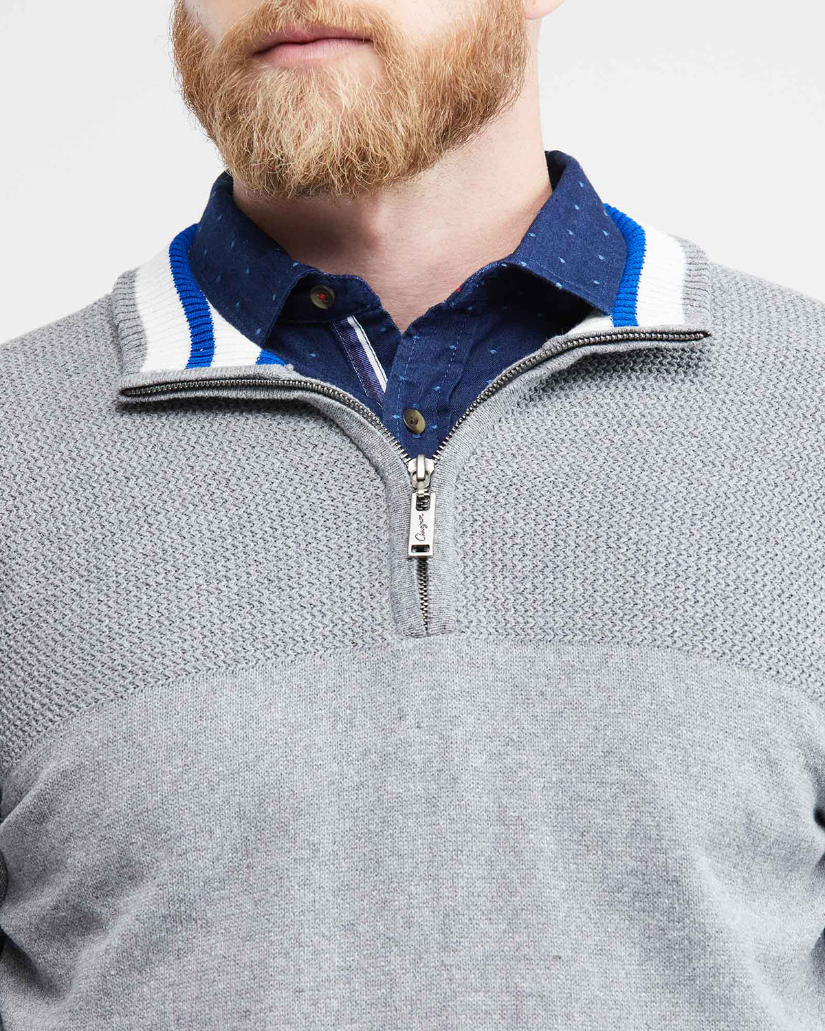 KNIT ZIP MOCKNECK SWEATER IN GRAY AND BLUE
