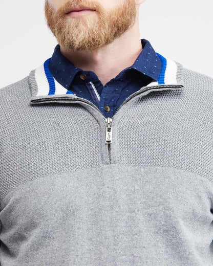 KNIT ZIP MOCKNECK SWEATER IN GRAY AND BLUE