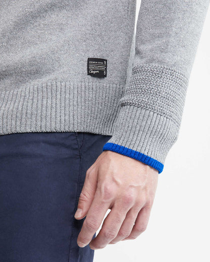 KNIT ZIP MOCKNECK SWEATER IN GRAY AND BLUE