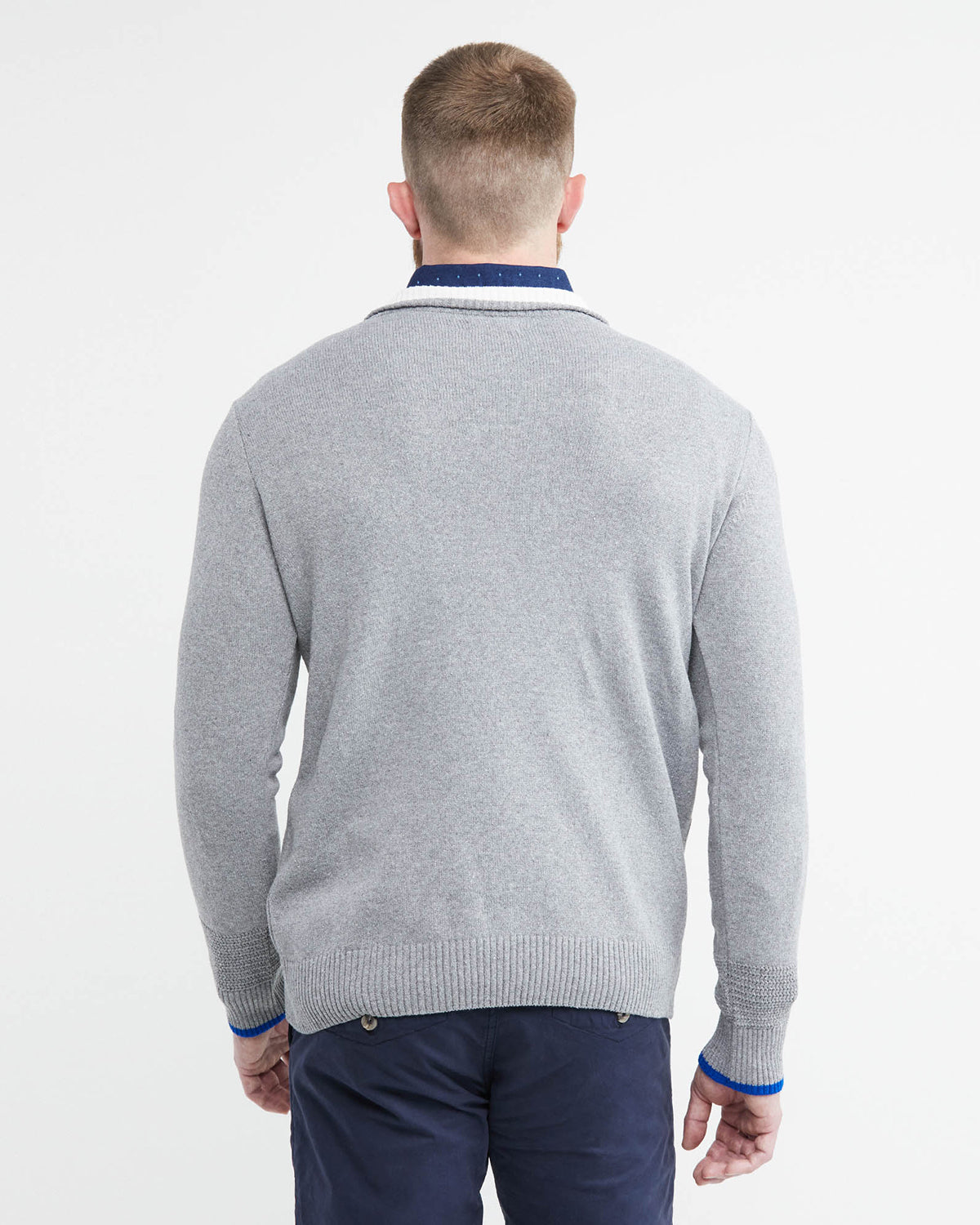KNIT ZIP MOCKNECK SWEATER IN GRAY AND BLUE