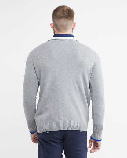 KNIT ZIP MOCKNECK SWEATER IN GRAY AND BLUE