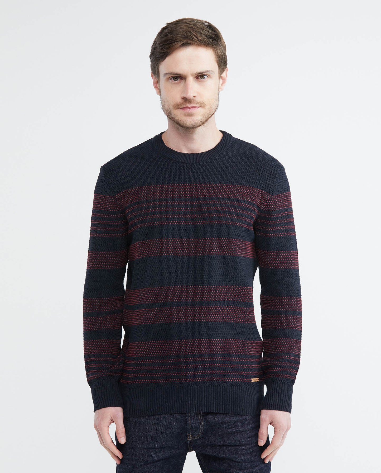 Men's Knit Sweater, Closed Round Neck - Topstitch Stripes - Blue - 1
