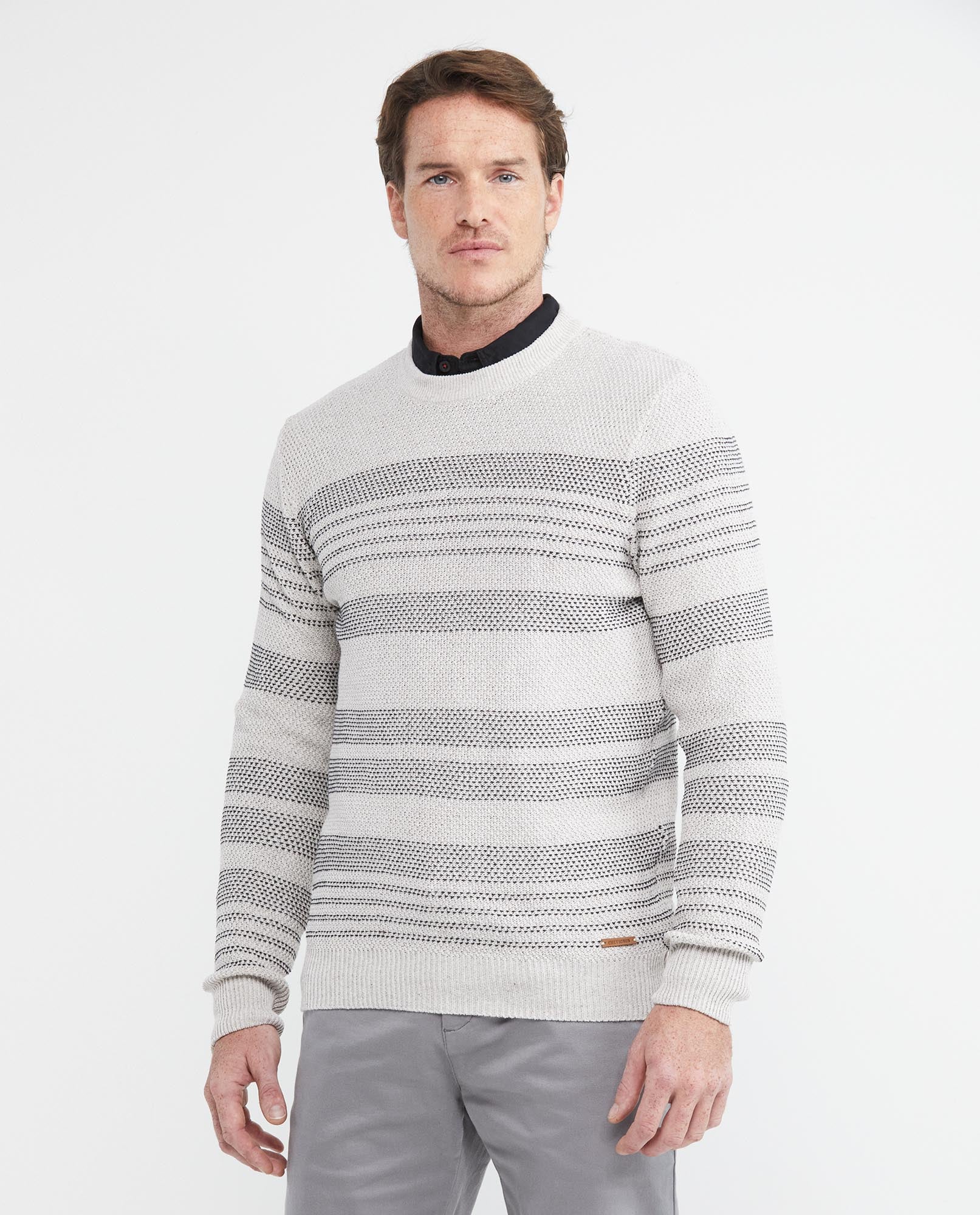Men's Knit Sweater, Closed Round Neck - Topstitch Stripes - Raw - 1