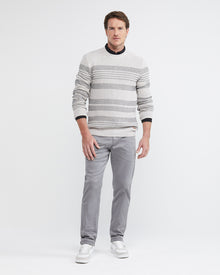 WHITE & GRAY STRIPED CREW NECK KNIT SWEATER