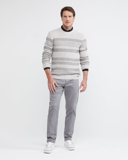 WHITE & GRAY STRIPED CREW NECK KNIT SWEATER