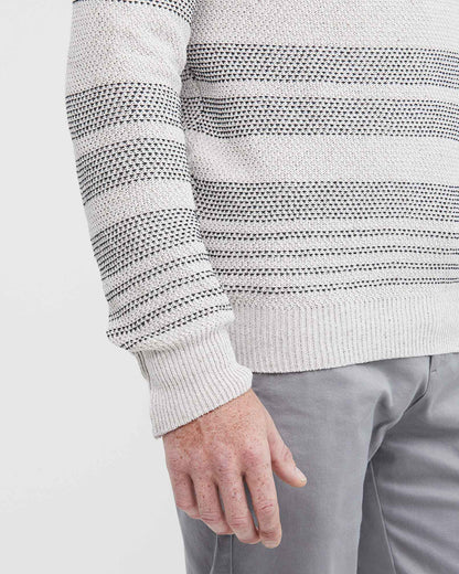 WHITE & GRAY STRIPED CREW NECK KNIT SWEATER