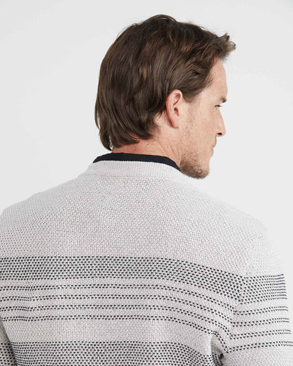 WHITE & GRAY STRIPED CREW NECK KNIT SWEATER